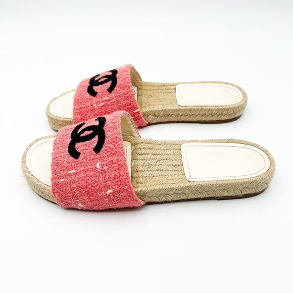 Chanel CC Logo Espadrilles Sandals Pink Tweed Slides Mules EU 38 US 7-7.5 - Picture 4 of 14